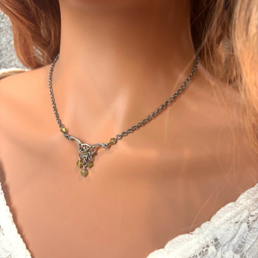 Art Nouveau Necklace Green Renfair Pendant Silver Tone Whimsigoth Ethereal 21006
